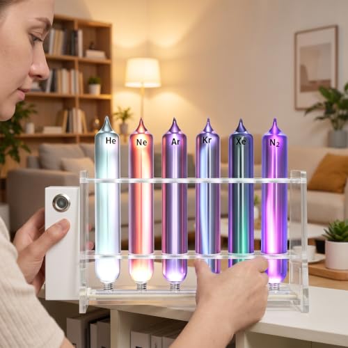 Rare Gas Glow Demonstration Set, 6 Noble Gases (he, Ne, Ar, Kr,xe,n2), with Motorized Stand,for Physics Spectroscopy Education, Desktop Collection & Science Ornament