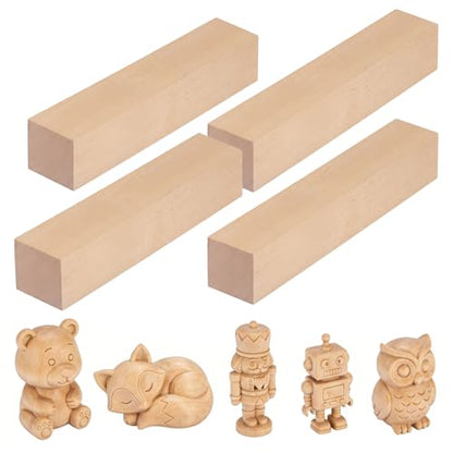 Basswood Carving Blocks - 4 Pack 12 x 2 x 2 inch Whittling Bass Wood Blocks Wood Carving Kit for Beginners, Soft Woodworking Blanks for Whittling, Use for Home, Crafts, Arts, DIY Projects - size: 4 PACK 12 x 2 x 2 Inch