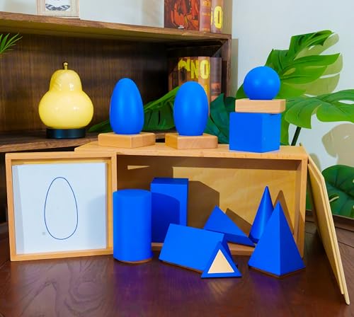 Premium Montessori Geometric Solids with Matching Cards, Solid Beechwood 3D Shapes, Plane Figures, Stands & Cards, Sensorial Geometry Materials for Spatial Awareness, Homeschool Classroom Kids 3-9