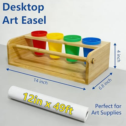 Bamboo Tabletop Paper Roll Dispenser, Desktop Art Easel with 12" x 49ft Blank Paper Roll, 4 Pen Cups, Paper Cutter for Drawing, Writing, Graffiti, Art Crafts