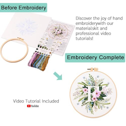Harimau Letter F Pattern Embroidery Kit for Adult Beginners, Complete Starter Pack with 1 Hoop, Needles, Instruction Guide & Embroidery Stitch Video Tutorials - color: F
