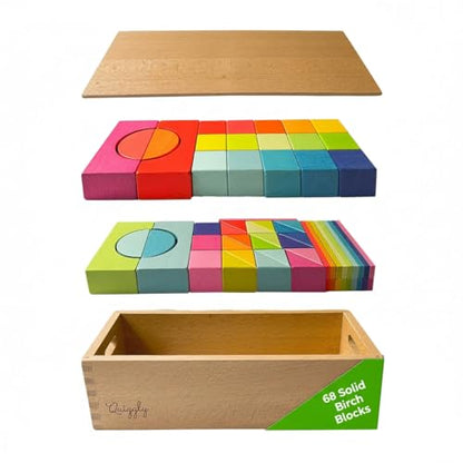 Quiggly Montessori Wooden Rainbow Building Blocks - 68 Pc STEM Toy Set