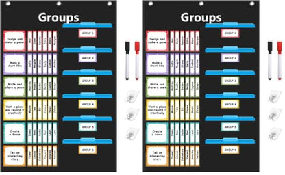 REGELETO Small Group Management Pocket Chart with 96 Cards Classroom Jobs Chart Small Group Organizer and on Task for School Teacher Homeschool Learning Supplies (Black) (Pack of 2) - size: 48-Pockets (Pack of 2)