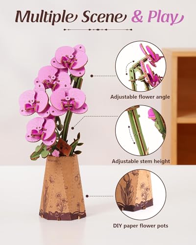 rowood 3D Wooden Puzzles for Adults,DIY Artifical Flower Botanical Collection Building Craft Kit,Mother's Day/Valentine's Day/Teacher's Day Purple Moth Orchid - style: Purple Moth Orchid