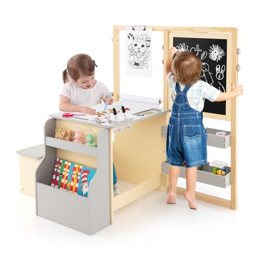HONEY JOY Kids Art Easel, 6-in-1 Wooden Double-Sided Toddler Table & Chair Set w/Adjustable Magnetic White Board & Chalkboard, Paper Roll, Bookshelf, Storage, Kids Art Table and Chair (Gray) - style: Gray