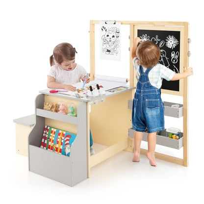 HONEY JOY Kids Art Easel, 6-in-1 Wooden Double-Sided Toddler Table & Chair Set w/Adjustable Magnetic White Board & Chalkboard, Paper Roll, Bookshelf, Storage, Kids Art Table and Chair (Gray) - style: Gray