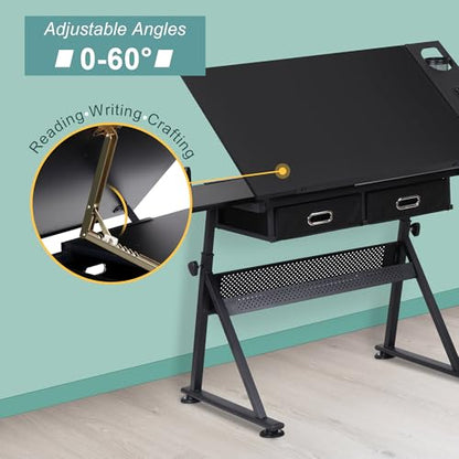 ZENY Adjustable Drafting Table with Stool Tilting Drawing Desk Artist Table - color: Black