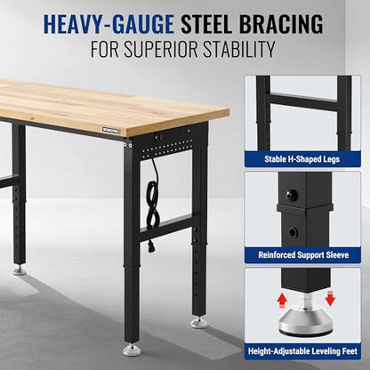 WORKPRO 96" Adjustable Workbench, Power Outlet & Pegboard, 4000LBS Capacity - size: 8FT workbench