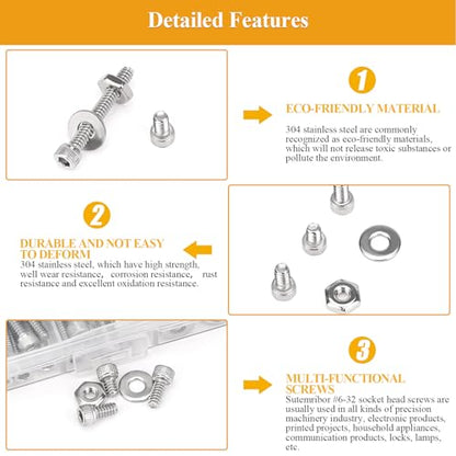 254 Pieces #6-32 x 3/16", 1/4", 5/16", 3/8", 1/2", 5/8", 3/4", 1", Hex Socket Head Cap Screws Nuts Washers Assortment Kit - size: #6-32, style: Socket Head
