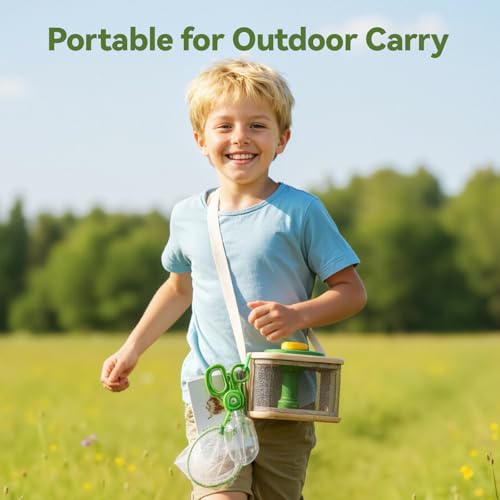 Wooden Bug Catcher for Kids, 360° Rotating Magnifier, Insect Explorer kit, with Bug Habitat, Butterfly Net, Bug Tongs, 10 Insect Cards, Montessori STEM Nature Toy for Outdoor