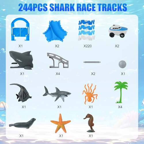 Ocean Theme Flexible Race Car Tracks for Kids, Birthday Gift for Boys Age 3 4 5 6 7 Years Old, 240+ PCS Buildable Car Track Playset with Shark Tunnel and Sea Creature Accessories - color: Ocean Race Car Tracks