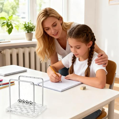 Newtons Cradle Balance Balls Science Physics Gadget Desktop Decoration for Home and Office 5 Bead with Silver White Checkerboard Base Desk Balance Balls (Medium)