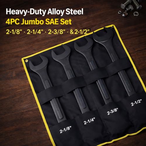 Jumbo Combination Wrench Set, SAE 2-1/8'', 2-1/4'', 2-3/8'', and 2-1/2'' Extra Large 4-Piece Open-End Wrench Set, Storage Bag Included, Black Oxide Finish - color: Sae - 4 Piece