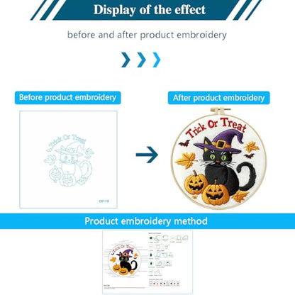Zhenqing Halloween Black Cat Embroidery Kit for Beginners, Trick or Treat Witch Cat Needlework Kit with Pre-Printed Cotton Fabric, Hoop, Threads & Tools, Spooky DIY Decor (C0118) - style: Halloween Black Cat
