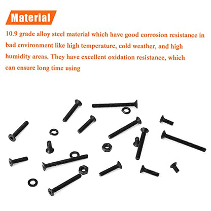 HELIFOUNER 560 Pieces M2.5 x 4mm /6mm /8mm /10mm /12mm /16mm /20mm, Countersunk Head Socket Cap Screws Bolts Washers Nuts Kit, 10.9 Grade Alloy Steel, Full Threaded, Black - size: M2.5, style: Countersunk Head