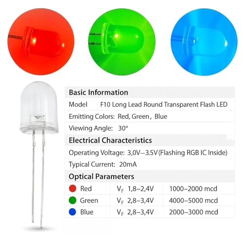 100PCS 10mm RGB Flashing LEDs F10 Fast Slow Blink Clear Round Head JEBHANNE - color: 10mm RGB LED Kit - 100PCS