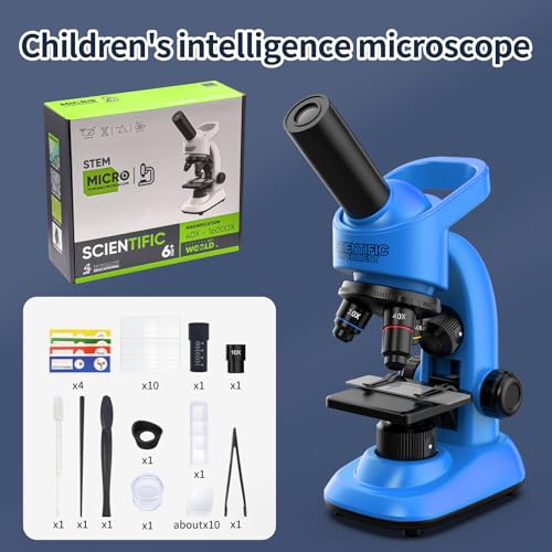 Microscope for Kids Scientific Experiment Kit 40X-1600X Magnification LED Light Educational STEM Kit with Slides and Lab Tools (Blue) - color: Blue