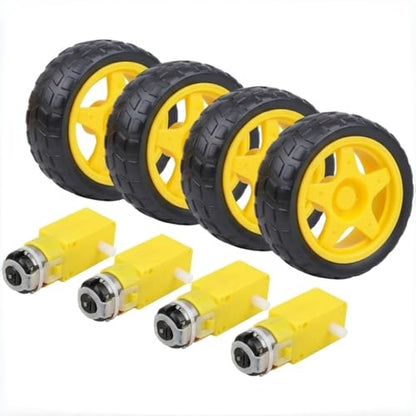 4 Sets TT Motor and Wheels Kit: DC 3V-6V Dual Shaft Gear Motor 200RPM 1:48 Ratio with 65mm Rubber Tires for Arduino Smart Car Chassis, DIY STEM Robotics Projects (No Wires Included)