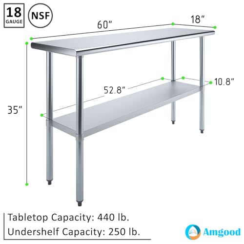 AmGood 18 in. x 60 in. Stainless Steel Work Table | Metal Kitchen Food Prep Table | NSF - size: 60 in. Long x 18 in. Deep without Wheels
