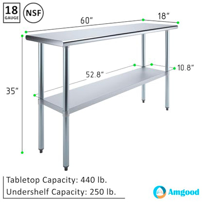 AmGood 18 in. x 60 in. Stainless Steel Work Table | Metal Kitchen Food Prep Table | NSF - size: 60 in. Long x 18 in. Deep without Wheels