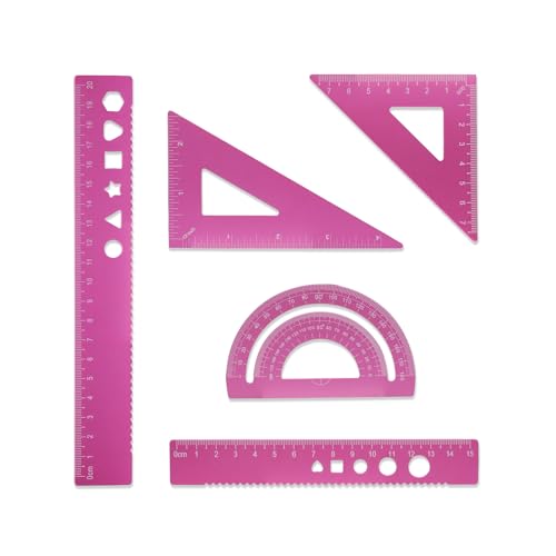 5 Pcs Metal Geometry Set, Math Drafting Ruler Kit- Aluminum Triangle Rulers, Protractor, 8 Inch and 6 Inch Drawing Ruler, Measuring Tool for School and Office Supplies (Light Pink) - color: Light Pink