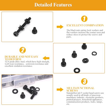 705 Pieces M2.5 Screws Nuts Washers Set Black, Sutemribor M2.5 x 4/6/8/10/12/16/20mm Hex Socket Head Cap Screws Nuts Washers Assortment Kit, 12.9 Grade Alloy Steel, Fully Threaded - size: M2.5 x 4/6/8/10/12/16/20mm Kit, style: Socket Head