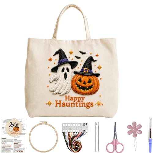 ARTopet Embroidery Tote Bag Kit for Beginners Halloween Canvas Cross Stitch Handbag with Hoops Needles Threads Reusable Grocery Bag for Women-Pumpkin Ghost - color: Pumpkin Ghost