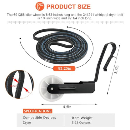 341241 691366 Dryer Drum Belt & Pulley Kit by Beaquicy - Replacement for Whirl-Pool Ken-More Dryer - Replaces PS346995 AP2946843 EAP346995 W10131364