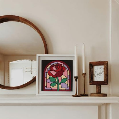 DOODLREAM Rose Window DIY Punch Needle Embroidery Kit for Adult Beginner, 9.4" Red Rose Flower Punch Stitching Craft Set for Starter with Frame, Fabric Pattern, Threader, Yarn, Pinch Needle - color: Rose
