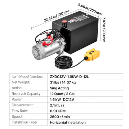 VEVOR 12 Quart Hydraulic Pump, Single Acting Hydraulic Power Unit, 3200 PSI Max Relief Pressure, 0.91 GPM Flow Rate, DC12V 1.6KW Power Unit for Dump Trailer Car Lifting (Horizontal Installation) - size: 12 Quart, style: Single Acting