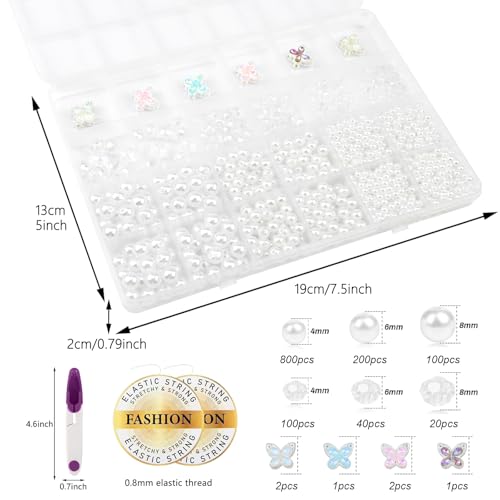 1266 Pcs Pearl Bracelet Making Kit White Beads for Bracelets for Adult - color: 25-White& Clear