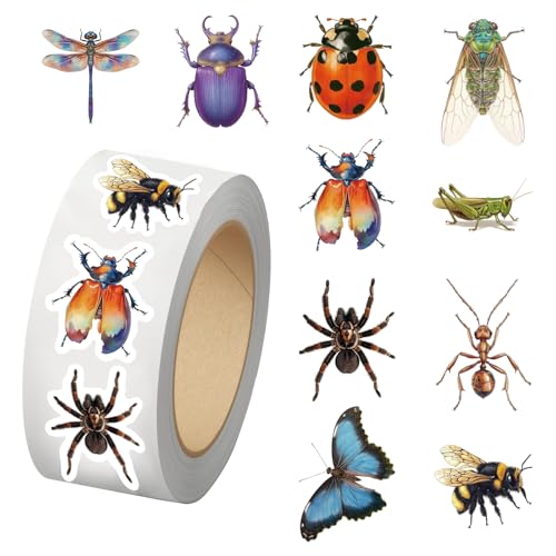 500PCS Bug Stickers 10 Styles Sticker Rolls Cartoon Insect Stickers Bug Party Favors Waterproof Vinyl Stickers(500 Per Roll)