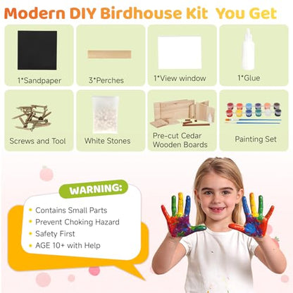 Modern Birdhouse Woodworking Kit, Natural Cedar Wooden birdhouses for Outdoors with Paint Set, Creative DIY Birdhouse Gift, Build Your Own Bird House Kit