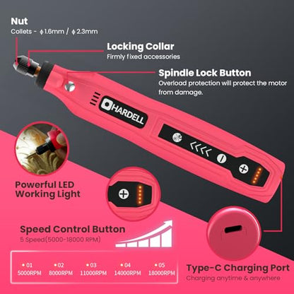 HARDELL Mini Cordless Rotary Tool Kit 129Pcs, Multi-Purpose DIY Craft Tool - color: Pink Pro