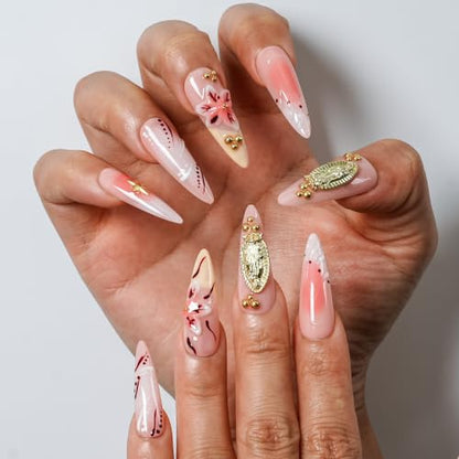 Handmade Press on Nails Long Stiletto - Virgin Mary 3D Gold Charm Pink Ombre Lily Flower Fake Nails, Reusable Acrylic Nail Art Kit for Women, 10Pcs (Blush Gilded Gold,M) - color: Blush Gilded Gold, size: M