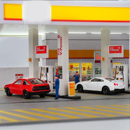 1/64 Scale Shell Gas Station Diorama Kit, Miniature Building Scene Model Set, Collectible Desk Decor for Home & Office (No Vehicles or Figures)
