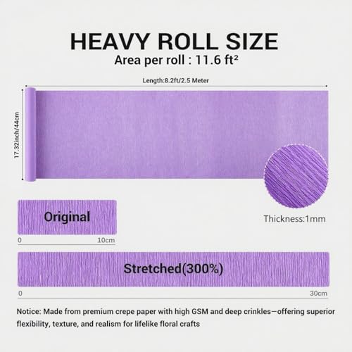 Heavy Crepe Paper for Flower Making, DIY Crafts | Italian-Quality Crepe Paper with 300% Stretch | Papel Crepe de Colores Paquete - color: Lavender, size: Long (17")