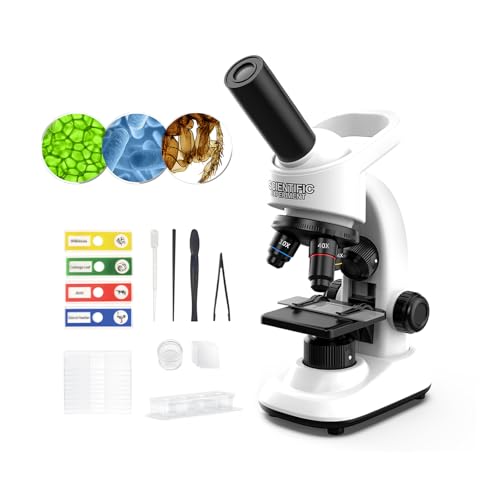 Microscope for Kids Scientific Experiment Kit 40X-1600X Magnification LED Light Educational STEM with Slides and Lab Tools Ages 6-12 (White) - color: White