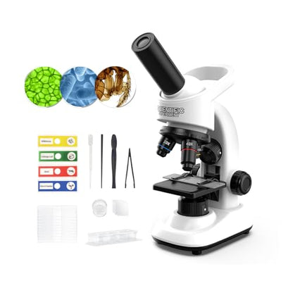 Microscope for Kids Scientific Experiment Kit 40X-1600X Magnification LED Light Educational STEM with Slides and Lab Tools Ages 6-12 (White) - color: White