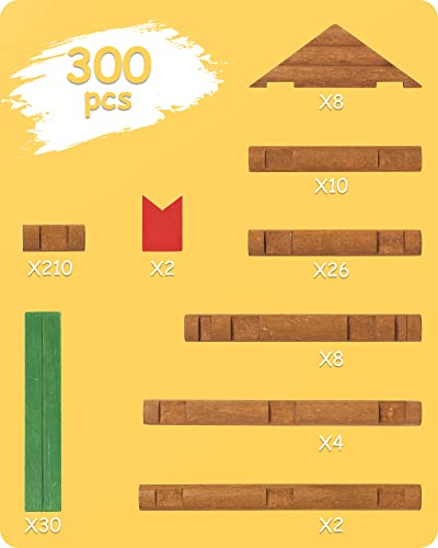 SainSmart Jr. 300 PCS Wooden Log Cabin Set Building House Toy for Toddlers, Classical STEM Construction Kit Compatible with Lincoln Logs for 3+ Kids - style: 300 PCS