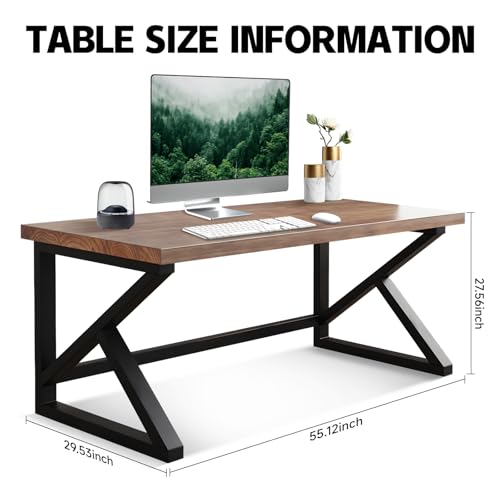 Sihtengxxhongs Solid Wood Desk 55 Inch Home Office Desk, Rustic Wooden Computer Desk with Heavy Duty Metal Frame, Large Writing Study Workstation for Bedroom, Living Room, Home Office - size: S009