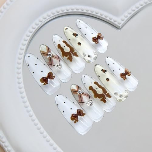 Stiletto Press on Nails Long Nude Fake Nailwith 3D Charms Acrylic Nail Press ons Brown Bow Stick on Nails for Women 24pcs - color: Color03