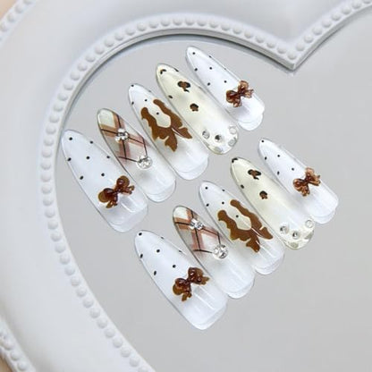 Stiletto Press on Nails Long Nude Fake Nailwith 3D Charms Acrylic Nail Press ons Brown Bow Stick on Nails for Women 24pcs - color: Color03