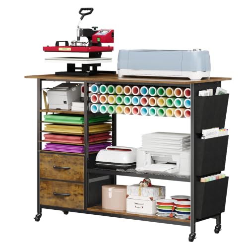 VENNQD Large Heat Press Table Stand, Rolling Heat Transfer Machine Desk Cart Drawers Compatible with Cricut Machines Vinyl Roll Holder DIY Organizer Crafting Table Workbench (Rustic Brown) - color: Rustic Brown
