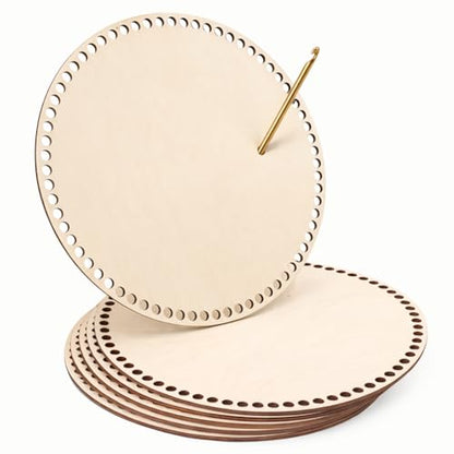 XINONE 6 Pack Round Crochet Basket Bottoms, 7.87 Inch Wooden Base for Crochet Bags and Baskets, Pre Drilled DIY Basket Base with 8mm Holes for Knitting, Weaving and Craft Projects