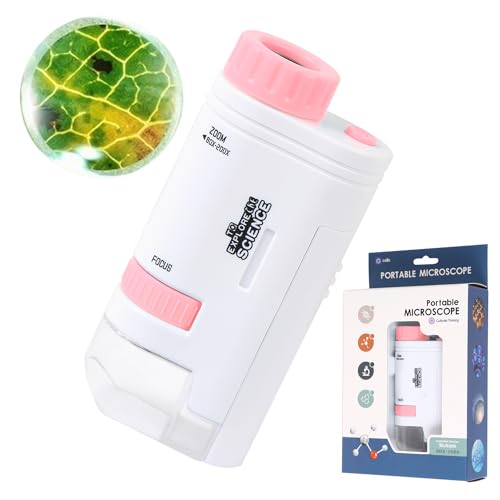 Microscope Pocket Handheld Miniscope 80X-200X Portable Microscope with LED Light for Learning Education Exploring (Pink)