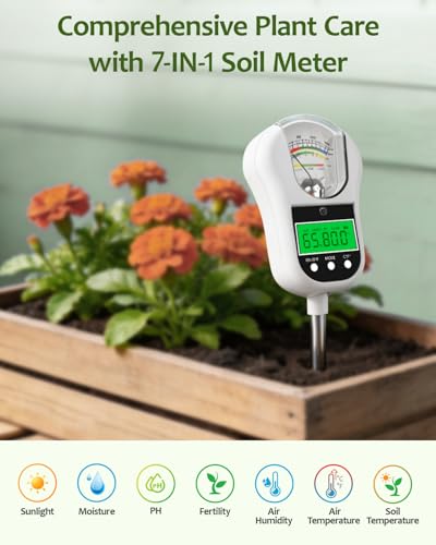 7-in-1 Soil Test Kit, Soil Moisture Meter/pH Meter/Light Intensity/Fertility/Air & Soil Hygrometer Temperature with Large Dual Display for Garden,Lawn, Farm, Indoor Outdoor Plants-Warm White