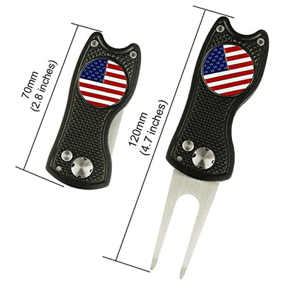 Foldable Golf Divot Repair Tool with Golf Ball Marker - color: Black-USA Flag