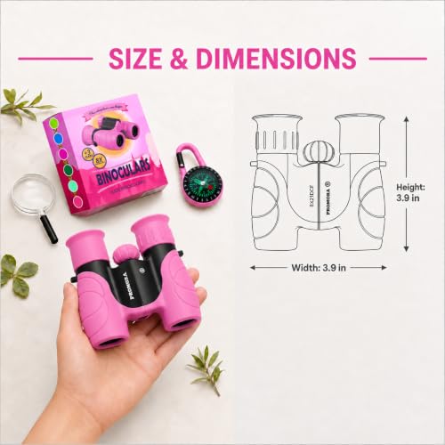 Binoculars for Kids – Perfect Toy for Little Boys and Girls – Extensive Set Incl. Magnifying Glass & Compass – Powerful Magnification 8X21 – 3 to 12 Year Old Kids for Toddler - color: Pink