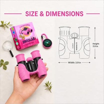 Binoculars for Kids – Perfect Toy for Little Boys and Girls – Extensive Set Incl. Magnifying Glass & Compass – Powerful Magnification 8X21 – 3 to 12 Year Old Kids for Toddler - color: Pink